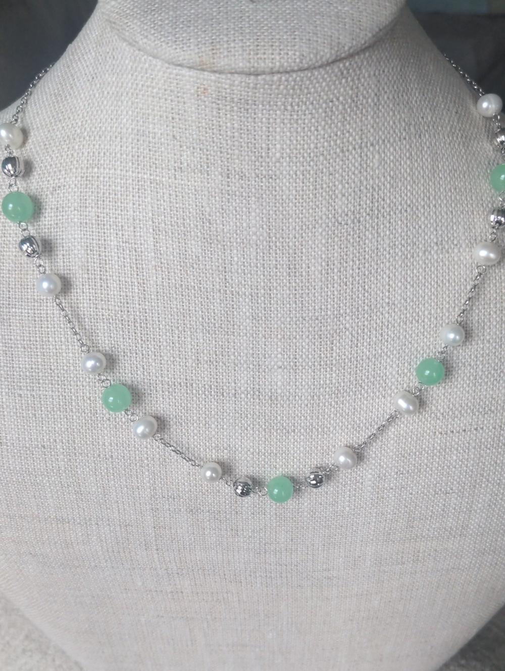 Sterling Silver Pearl, Green Jade Bead Necklace 18"+2", Dainty, New, Macy's At